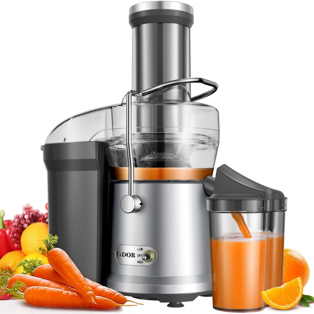 1200W GDOR Juicer with Larger 3.2 Feed Chute, Titanium Enhanced Cutting System, Centrifugal Juice Extractor Maker with Heavy Duty Full Copper Motor, Dual Speeds, BPA-Free, Silver