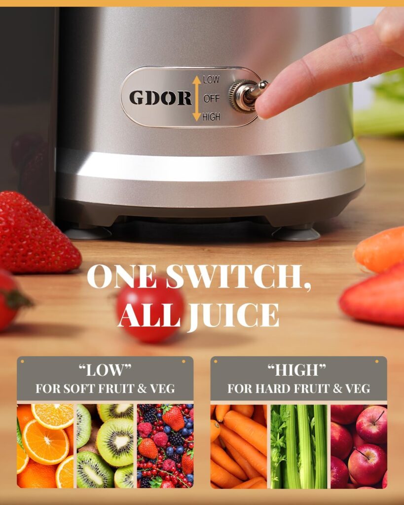 1200W GDOR Juicer with Larger 3.2 Feed Chute, Titanium Enhanced Cutting System, Centrifugal Juice Extractor Maker with Heavy Duty Full Copper Motor, Dual Speeds, BPA-Free, Silver