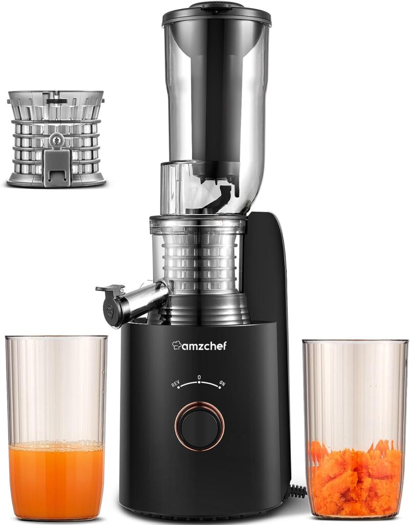 Cold Press Juicer, AMZCHEF Compact Slow Masticating Juicer, 3 Wide Chute juicer machines, Upgraded Non-Clogging Filter, High Yield Juice, 250W Power (Black)