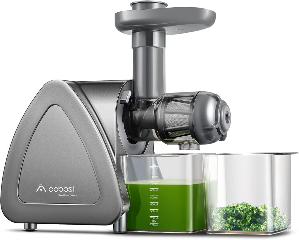 Cold Press Juicer, Aobosi Slow Masticating Juicer Machines with Reverse Function, Quiet Motor, High Juice Yield with Juice Jug  Brush for Cleaning, Gray