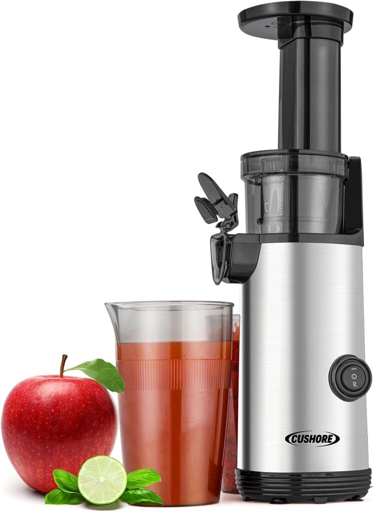 Cushore Masticating Juicer with Powerful 60NM DC Motor, Easy to Clean Cold Press Juice Extractor, Low Noise, Nutrient and Vitamin Dense, 20oz Pulp Cup and Juice Cup and Clean Tool are included