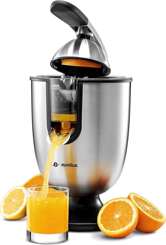 Eurolux Electric Citrus Juicer Squeezer, for Orange, Lemon, Grapefruit, Stainless Steel 160 Watts of Power Soft Grip Handle and Cone Lid for Easy Use (ELCJ-1700S)