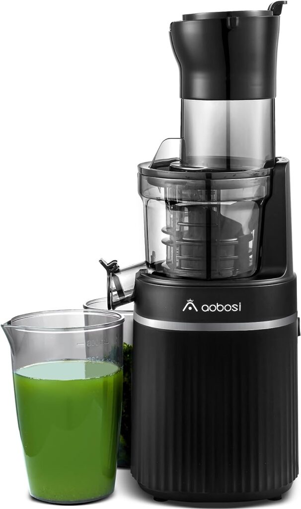 Slow Masticating Juicer, Aobosi 80MM Large Feed Chute Cold Press Juicer Machine w/ 2 Filler Openings, Reverse Function  Quiet Motor for High Nutrient Fruits Vegetables (Matte Black)